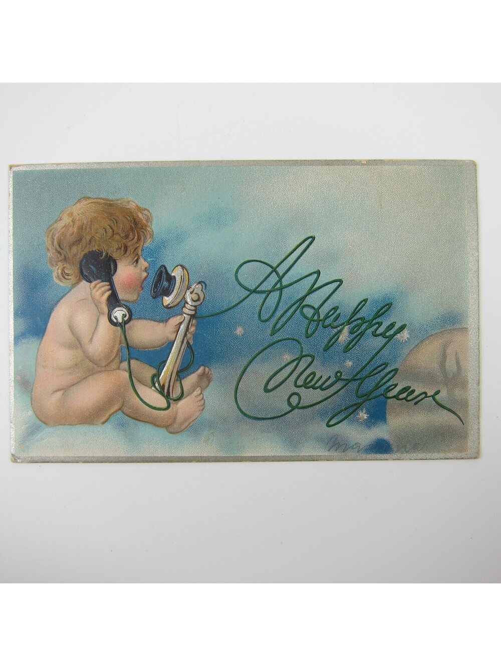 Postcard New Year's Day Cherub Angel Talking on Phone Silver Embossed Antique